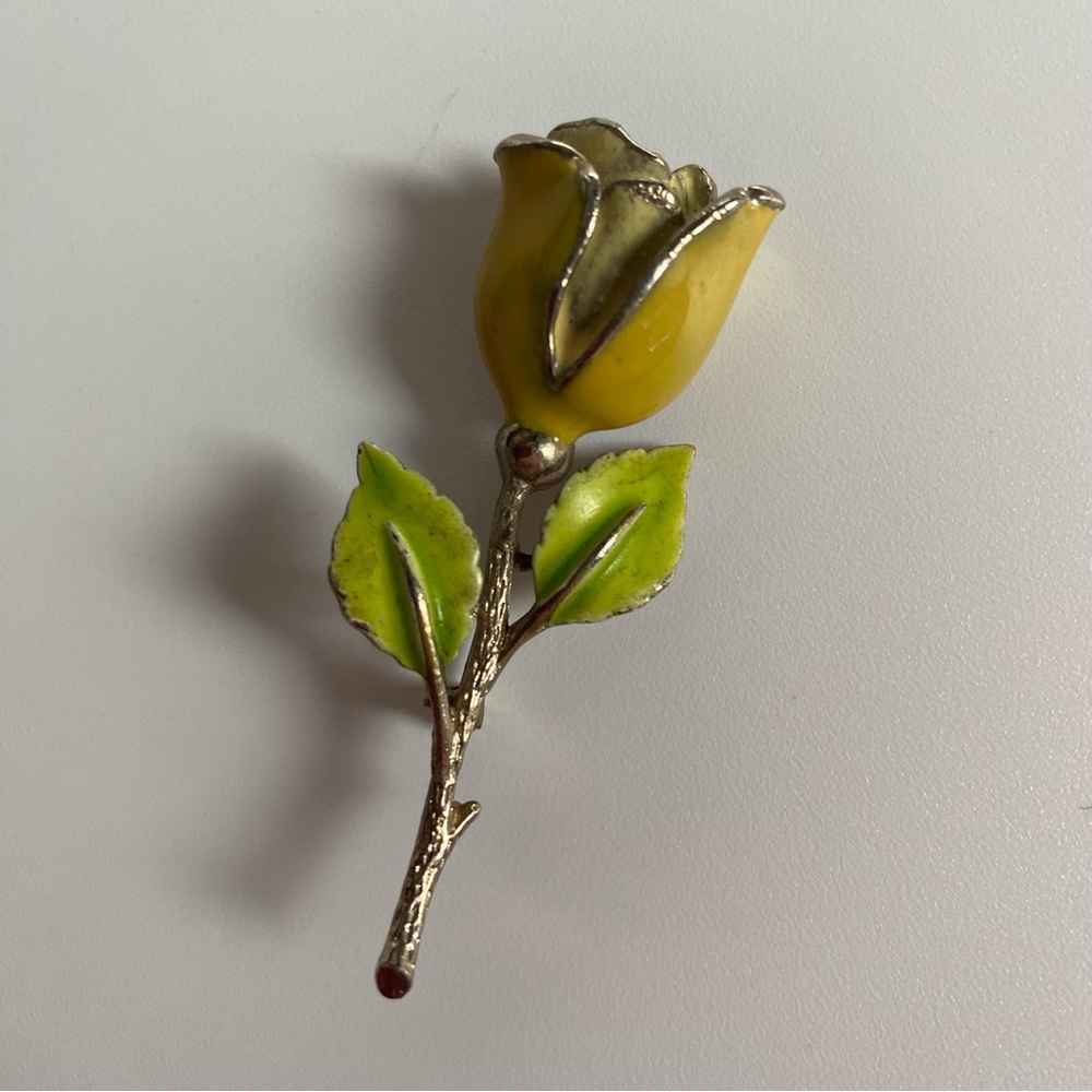 Vintage Enamel Yellow Rose Brooch with Green Leaves
